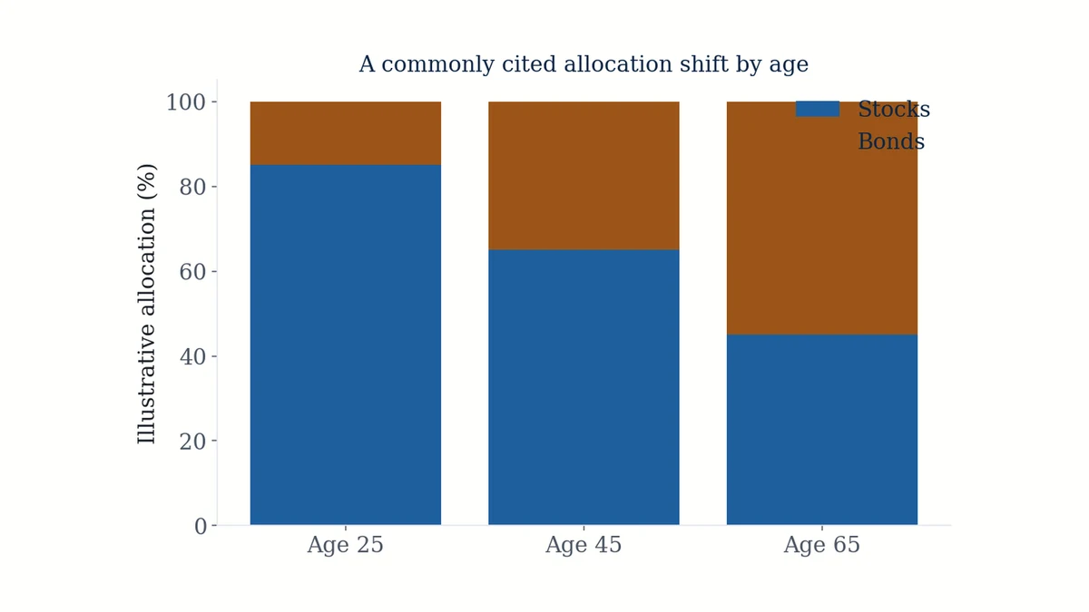 Stacked bar chart showing a commonly cited stock and bond allocation shift across three age bands