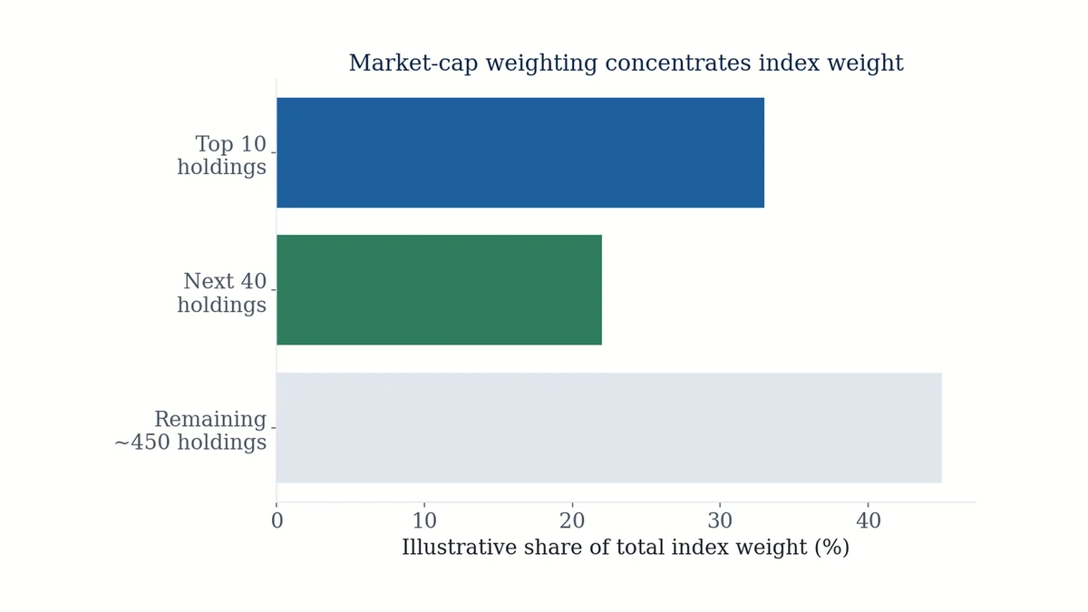 Bar chart showing how market-cap weighting concentrates S&P 500 index weight in top holdings