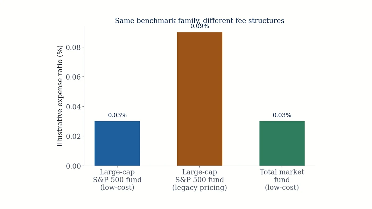 Side-by-side comparison chart of VOO, VTI, and SPY fund characteristics