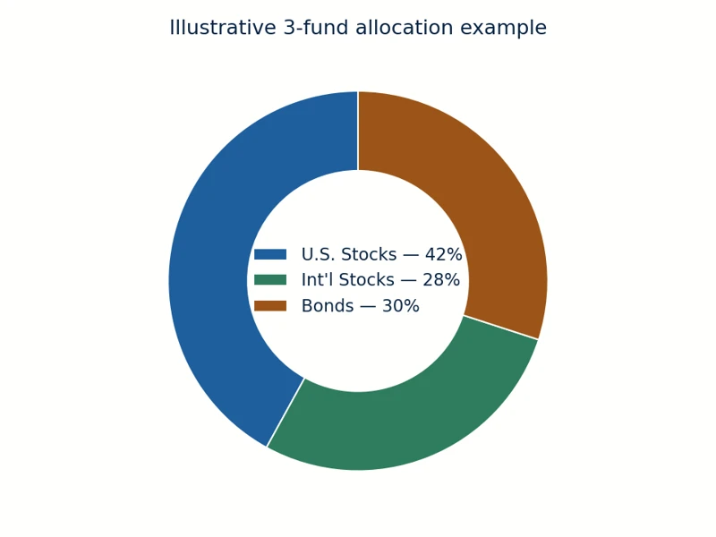 Illustration of a diversified index fund portfolio allocation broken into stocks, bonds, and cash